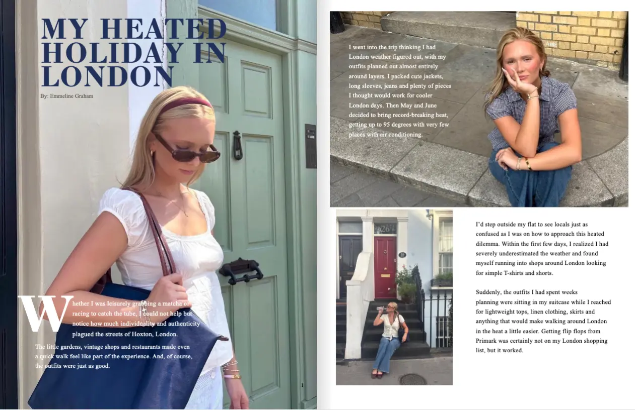 A portfolio spread titled My Heated Holiday in London, with Emme Graham’s article and photographs.