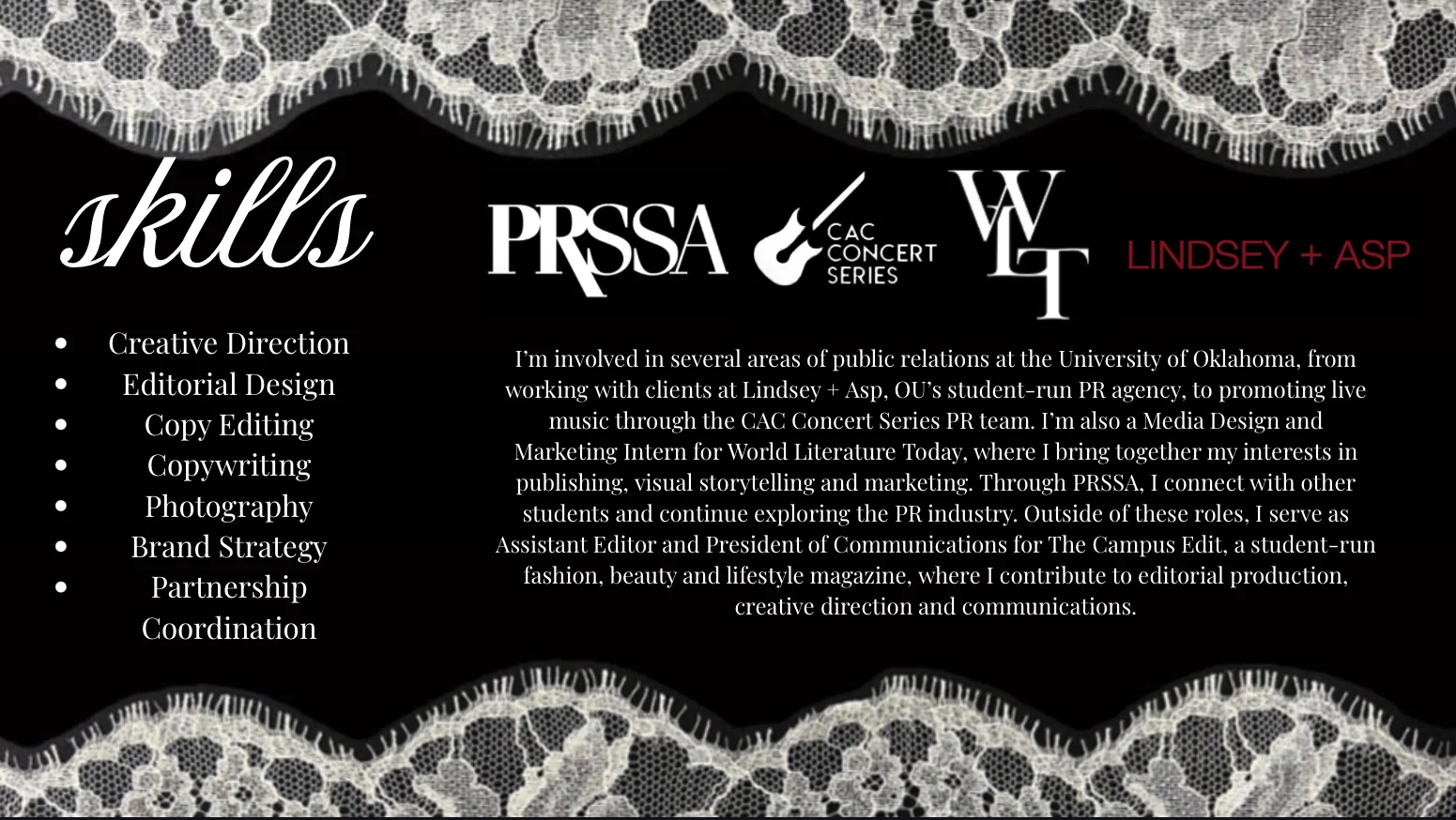 Skills with black and white lace framing the skill list and organization wordmarks.