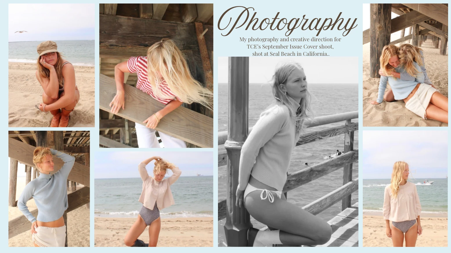 Photography and creative direction spread with a pale blue background.