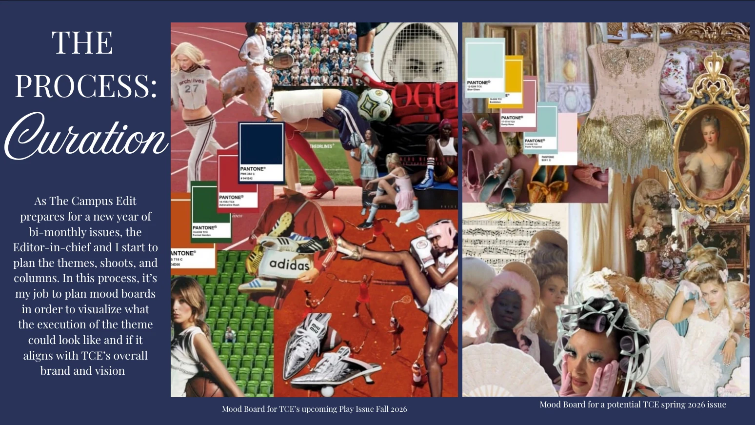 Curation process collage with visual references and fashion imagery.