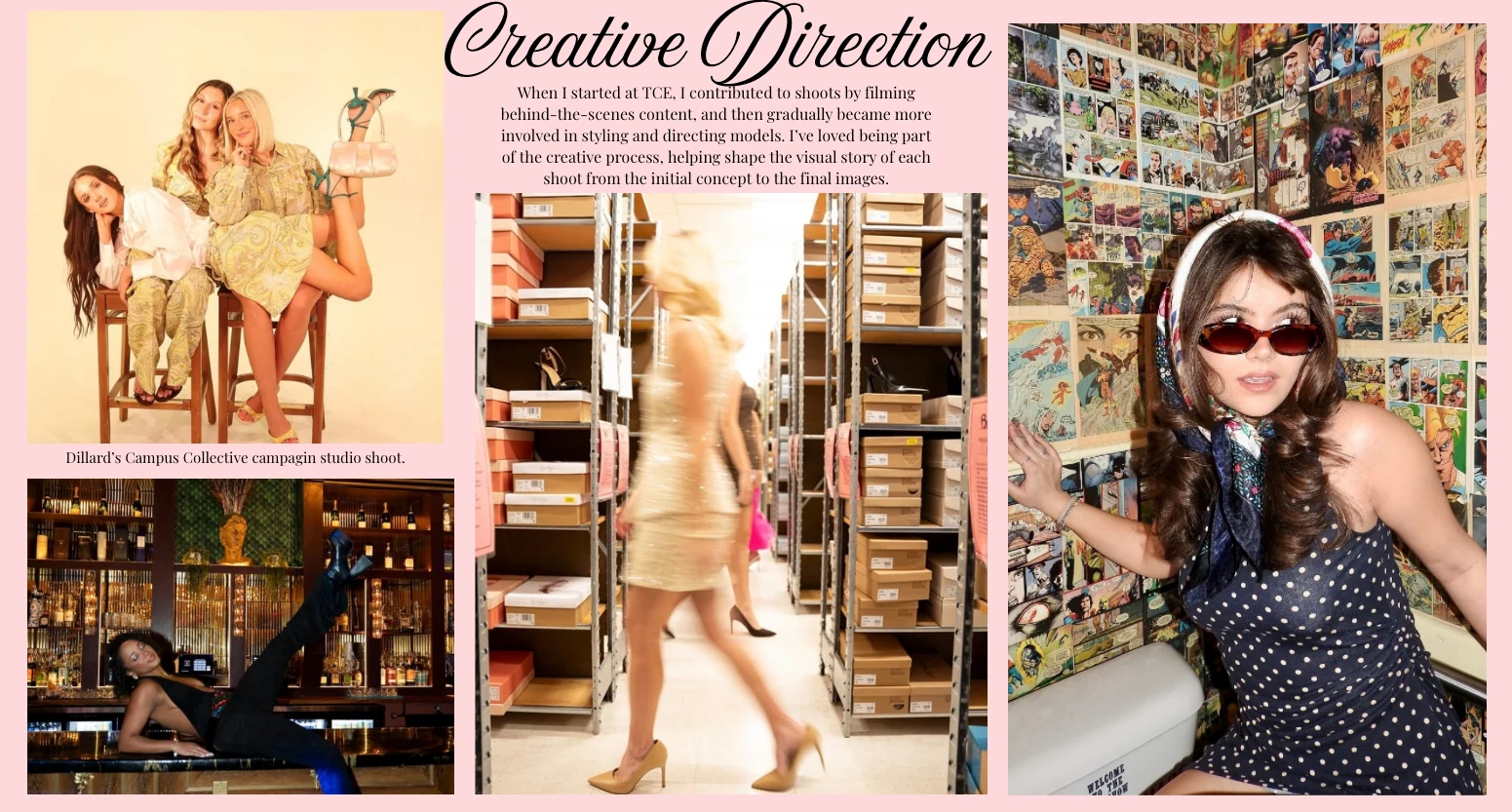 Creative direction spread on a pink background.