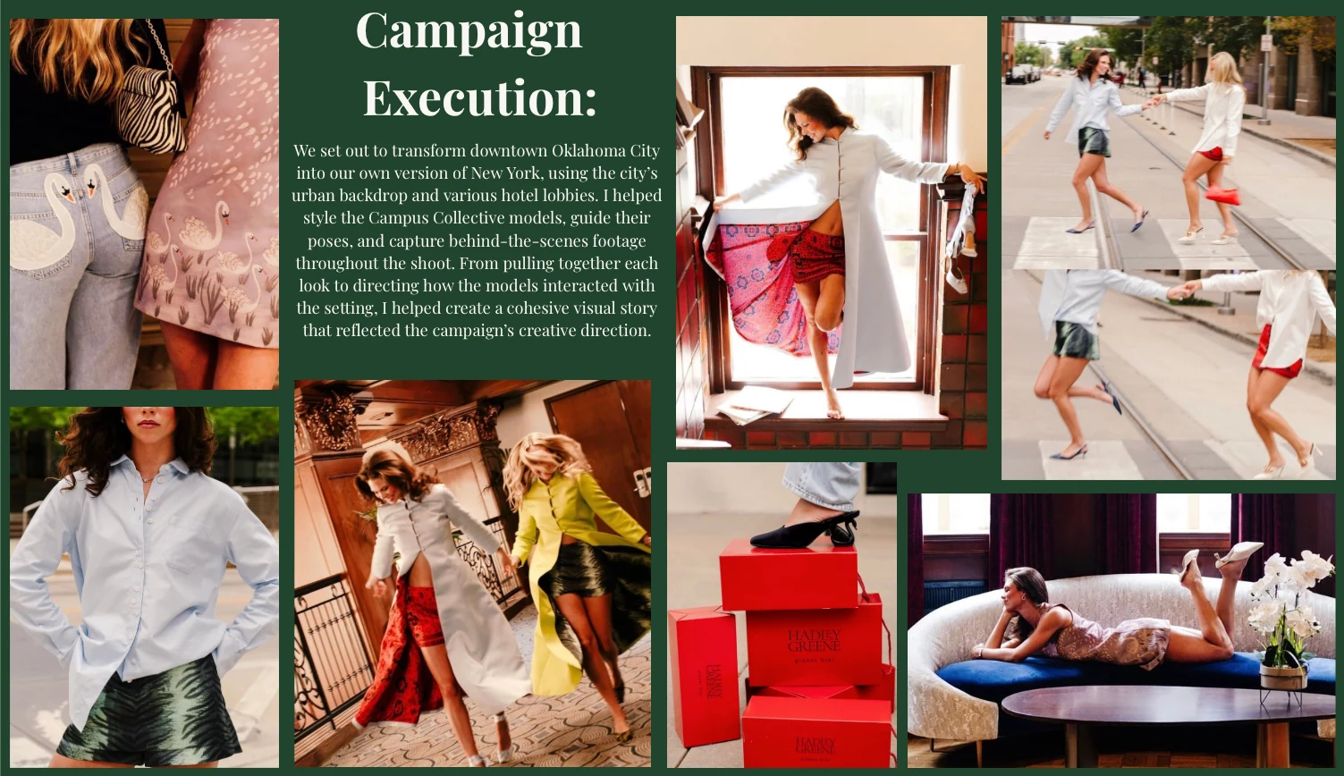 Campaign execution portfolio spread with fashion and editorial images.